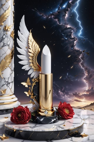 High definition photorealistic render of an incredible and mysterious beautiful and luxurious feminine lipstick with intricate gold and white marble details and with wings adorning the design, placed on a luxurious column-style throne in black and white marble with crystal and glass with iridescent details and parametric style, located in a desert night landscape, a sky visible to interstellar space, with asteroids, space matter, galaxies, lightning, rain and stars with flowers, white and red feathers and butterflies, a surreal scene with floating sands
