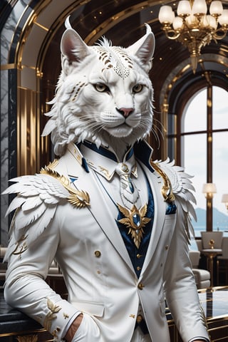 High definition photorealistic render of an incredible and mysterious yacht character in the shape of an elegant white puma animal with feathers, with dragon wings, with an elegant suit, luxurious details and parametric architectural style in marble and metal, epic pose
​