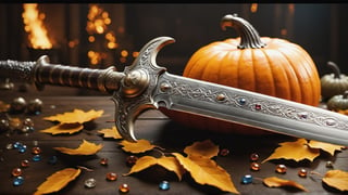 (best quality,  highres,  ultra high resolution,  masterpiece,  realistic,  extremely photograph,  detailed photo,  8K wallpaper,  intricate detail,  film grains), High definition photorealistic photography of ultra luxury,  of a luxurious and mythical sword with shield in gothic and medieval design, with precious stones, carved metal, glass and marble, in the background there must be a medieval castle background, with fire and dust, with ornamental details in medieval style and immersed in leaves of autumn and pumpkin.  This is a photographic scene designed with advanced photography, CGI, and VFX parameters, in high definition, ensuring flawless execution. high level of intricacy in the image.