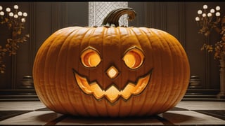 (best quality,  highres,  ultra high resolution,  masterpiece,  realistic,  extremely photograph,  detailed photo,  8K wallpaper,  intricate detail,  film grains), luxurious and large sculpture of a scary pumpkin inside a castle, it must have an art deco style and use materials such as marble, metal, glass, and inside the hotel there must be a Halloween theme, with autumn leaves, straight shapes art deco. this is a photographic scene designed with advanced photography, CGI, and VFX parameters, in high definition, ensuring flawless execution. high level of intricacy in the image.