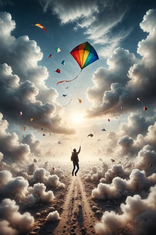 Design a scene of a person flying with a kite in a sky full of cotton clouds.