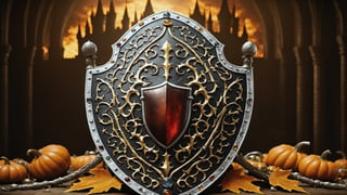 (best quality,  highres,  ultra high resolution,  masterpiece,  realistic,  extremely photograph,  detailed photo,  8K wallpaper,  intricate detail,  film grains), High definition photorealistic photography of ultra luxury,  of a luxurious and mythical shield in gothic and medieval design, with precious stones, carved metal, glass and marble, in the background there must be a medieval castle background, with fire and dust, with ornamental details in medieval style and immersed in leaves of autumn and pumpkin.  This is a photographic scene designed with advanced photography, CGI, and VFX parameters, in high definition, ensuring flawless execution. high level of intricacy in the image.