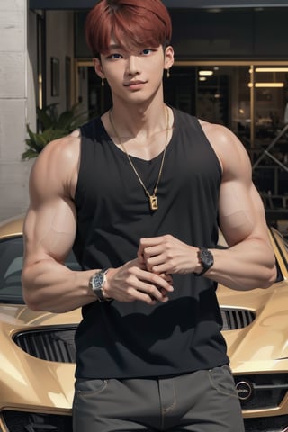 intricate detail, 18 year old, young handsome asian male wearing black tanktop, kpop,ikemen, blue eyes, handsome, earrings, gold necklace, luxuary golden omega watch,  red hair, muscle, physique, fitness model, wealthy, in front of black supercar