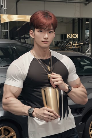 intricate detail, 18 year old, young handsome asian male wearing black tanktop, kpop,ikemen, blue eyes, handsome, earrings, gold necklace, luxuary golden omega watch,  red hair, muscle, physique, fitness model, wealthy, in front of black supercar