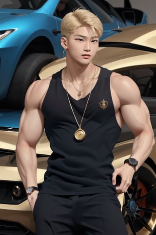 intricate detail, 18 year old, young handsome asian male wearing black tanktop, kpop,ikemen, blue eyes, handsome, earrings, gold necklace, luxuary golden omega watch,  blond hair, big muscle, physique, fitness model, wealthy, in front of glittering blue color supercar