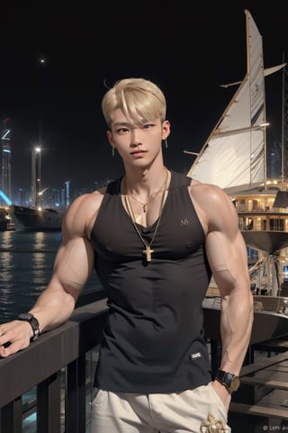 intricate detail, 18 year old, young handsome asian male wearing black tanktop,  kpop,ikemen, blue eyes, handsome, earrings, gold necklace, luxuary golden omega watch,  blond hair, big muscle, physique, fitness model, wealthy, billionair,  standing, in front of private yatch, dubai night background