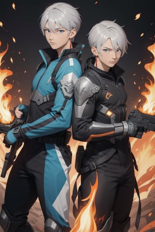 intricate detail, two young Japansehandsome males with combat suits and holding guns, fighting, blue eyes, handsome, earrings, silver hair, earrings, big blue flame, big orange flame, 
