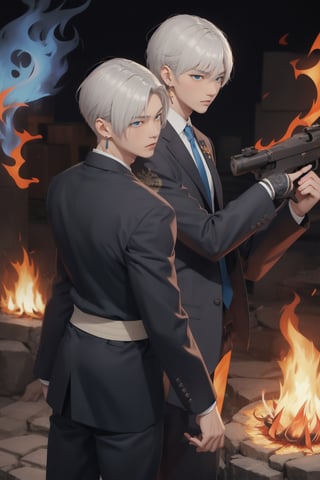 intricate detail, two young Japansehandsome males with suit and holding guns, fighting, blue eyes, handsome, earrings, silver hair, earrings, big blue flame, big orange flame, 