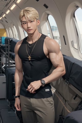 intricate detail, 18 year old, young handsome asian male wearing black tanktop, kpop,ikemen, blue eyes, handsome, earrings, gold necklace, luxuary golden omega watch,  blond hair, big muscle, physique, fitness model, wealthy, standing, in front of private jet,