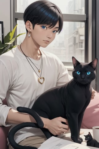 masterpiece, top quality, intricate detail, a young asian hansome male, 18 year old, short fashionable beautiful rainbow color hair, blue eyes, necklace, earrings, slim muscle, smooth skin, realistic skin, with holding a black cat, holding a paper coffee cup with pink heart logo, valentine's day