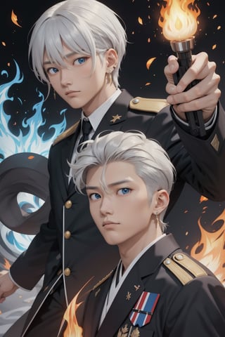 intricate detail, two young Japansehandsome males with military uniform and holding guns, fighting, blue eyes, handsome, earrings, silver hair, earrings, big blue flame, big orange flame, 
