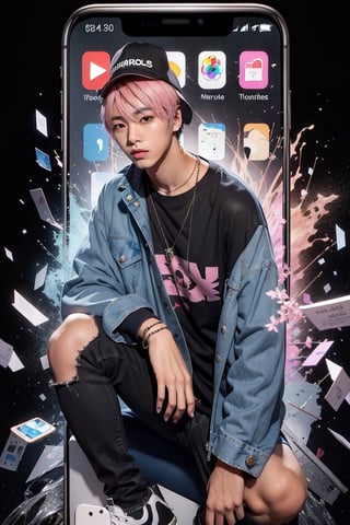 young  handsome male kpop idol with pink and blond hair, wears a black t-shirt cap, written "Hiro", denim jacket, black jeans, as if he wants to get out of the broken iPhone 13 screen, with a cold face, one leg is out, Black background