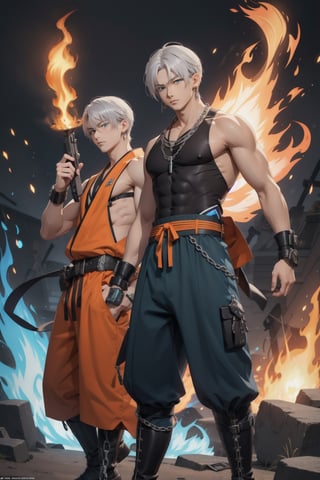 intricate detail, two young Japansehandsome males with black lether tanktop and bekini, abs, boot, chains,  holding guns, fighting, blue eyes, handsome, earrings, silver hair, earrings, big blue flame, big orange flame, 