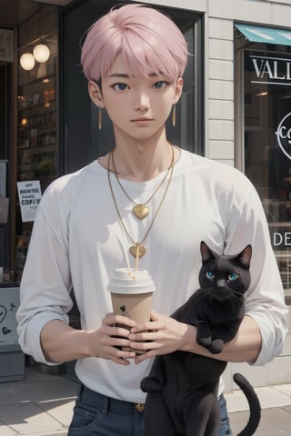 masterpiece, top quality, intricate detail, a young asian hansome male, 18 year old, short fashionable beautiful rainbow color hair, blue eyes, necklace, earrings, slim muscle, smooth skin, realistic skin, with holding a black cat, holding a paper coffee cup with pink heart logo, valentine's day