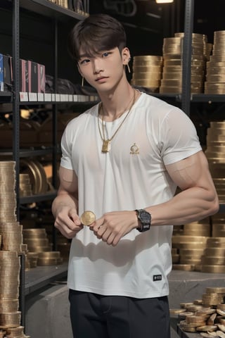 intricate detail, 18 year old, young handsome asian male wearing black tanktop,  kpop,ikemen, blue eyes, handsome, earrings, gold necklace, luxuary golden omega watch,  blond hair, big muscle, physique, fitness model, wealthy, standing, in front of thousands of gold coins of bitcoin 