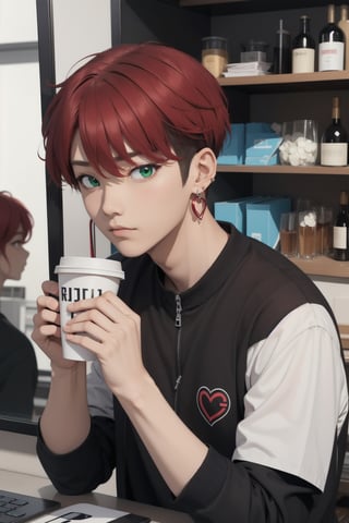 intricate detail, male face,ikemen, kpop, holding a paper coffee cup with heart logos, green eyes, handsome, earrings, glittering wine red color hair with stylish hair style, selfie, stylish, black jacket and white T-shirt with vivid color design art, earrings, young handsome asian male, vivid color, infront of mirror, realistic skin color, realistic right reflection