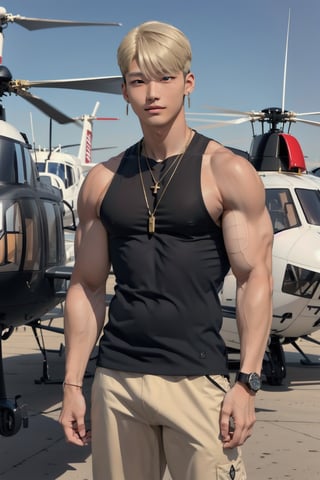 intricate detail, 18 year old, young handsome asian male wearing black tanktop,  kpop,ikemen, blue eyes, handsome, earrings, gold necklace, luxuary golden omega watch,  blond hair, big muscle, physique, fitness model, wealthy, billionair,  standing, in front of private helicopter, dubai background