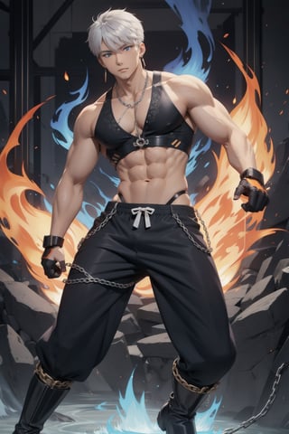 intricate detail, two young Japansehandsome males with black lether tanktop and underwares, abs, boot, chains,  holding guns, fighting, blue eyes, handsome, earrings, silver hair, earrings, big blue flame, big orange flame, 