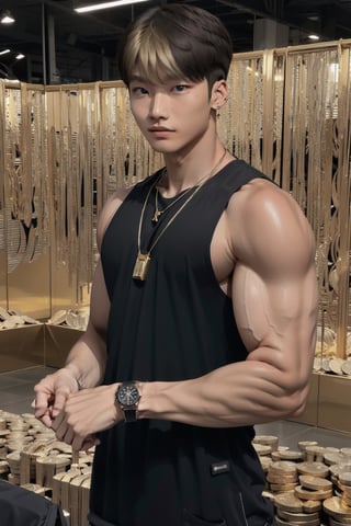 intricate detail, 18 year old, young handsome asian male wearing black tanktop,  kpop,ikemen, blue eyes, handsome, earrings, gold necklace, luxuary golden omega watch,  blond hair, big muscle, physique, fitness model, wealthy, standing, in front of thousands of gold coins of bitcoin 