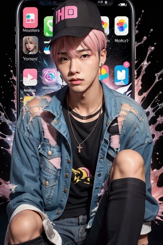 young  handsome male kpop idol with pink and blond hair, wears a black t-shirt cap, written "Hiro", denim jacket, black jeans, as if he wants to get out of the broken iPhone 13 screen, with a cold face, one leg is out, Black background