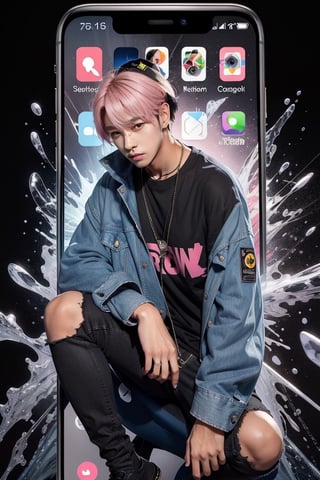 young  handsome male kpop idol with pink and blond hair, wears a black t-shirt cap, written "Hiro", denim jacket, black jeans, as if he wants to get out of the broken iPhone 13 screen, with a cold face, one leg is out, Black background