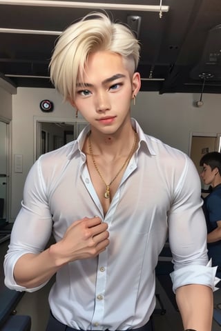  handsome asian boy, 18 year old, kpop,ikemen, dancing, school uniform,  blue eyes, handsome, earrings, gold necklace,  blond hair, slim muscle, physique, fitness model,  close up,ikemen, handsome asian male, kpop,young ikemen, sharp dancing, 
