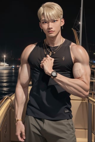 intricate detail, 18 year old, young handsome asian male wearing black tanktop,  kpop,ikemen, blue eyes, handsome, earrings, gold necklace, luxuary golden omega watch,  blond hair, big muscle, physique, fitness model, wealthy, billionair,  standing, in front of luxuary yacht,  dubai night background