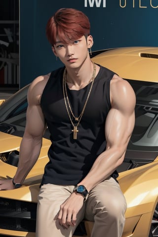 intricate detail, 18 year old, young handsome asian male wearing black tanktop, kpop,ikemen, blue eyes, handsome, earrings, gold necklace, luxuary golden omega watch,  red hair, muscle, physique, fitness model, wealthy, in front of glittering blue color supercar