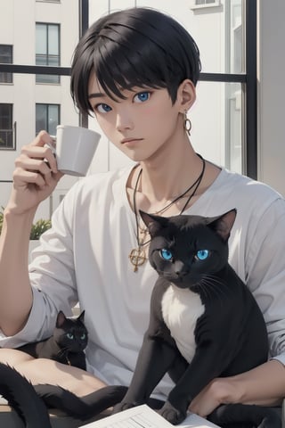 masterpiece, top quality, intricate detail, a young asian hansome male, 18 year old, short fashionable beautiful rainbow color hair, blue eyes, necklace, earrings, slim muscle, smooth skin, realistic skin, with holding a black cat, holding a paper coffee cup with pink heart logo, valentine's day