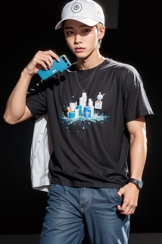 young  handsome male kpop idol with pink and blond hair, wears a black t-shirt cap, written "Hiro", denim jacket, black jeans, as if he wants to get out of the broken iPhone 13 screen, with a cold face, one leg is out, both hands are holding on the side of the screen, various icons of Facebook, WhatsApp, Instagram, etc. , and colorful water splashes spreading in the background create realistic 3D and high resolution HD work. Black background