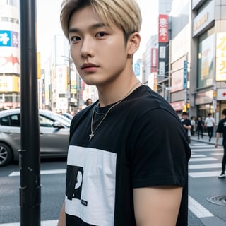 masterpiece, realistic, top quality, super cool young asian super handsome male with short blond hair, from side, kpop idol, music video, Instagram, stylish and fashionable clothes, necklace, black t shirt, tokyo background, ginza, cool atmosphere, good lighting and reflexion, realistic skin, 