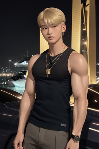 intricate detail, 18 year old, young handsome asian male wearing black tanktop,  kpop,ikemen, blue eyes, handsome, earrings, gold necklace, luxuary golden omega watch,  blond hair, big muscle, physique, fitness model, wealthy, billionair,  standing, in front of luxuary yatch,  dubai night background