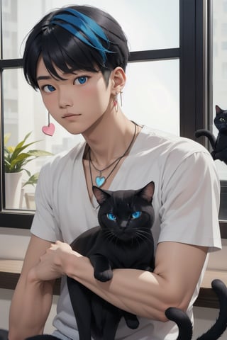 masterpiece, top quality, intricate detail, a young asian hansome male, 18 year old, short fashionable beautiful rainbow color hair, blue eyes, necklace, earrings, slim muscle, smooth skin, realistic skin, with holding a black cat, holding a paper coffee cup with pink heart logo, valentine's day