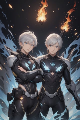 intricate detail, two young Japansehandsome males with combat suits and holding guns, fighting, blue eyes, handsome, earrings, silver hair, earrings, big blue flame, big orange flame,