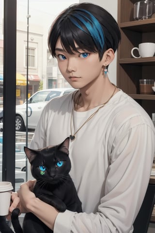 masterpiece, top quality, intricate detail, a young asian hansome male, 18 year old, short fashionable beautiful rainbow color hair, blue eyes, necklace, earrings, slim muscle, smooth skin, realistic skin, with holding a black cat, holding a paper coffee cup with pink heart logo, valentine's day