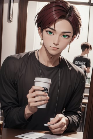 intricate detail, male face,ikemen, kpop, holding a paper coffee cup with heart logos, green eyes, handsome, earrings, glittering wine red color hair with stylish hair style, selfie, stylish, black jacket and white T-shirt with vivid color design art, earrings, young handsome asian male, vivid color, infront of mirror, realistic skin color, realistic right reflection