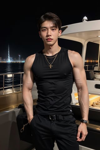 intricate detail, 18 year old, young handsome asian male wearing black tanktop,  kpop,ikemen, blue eyes, handsome, earrings, gold necklace, luxuary golden omega watch,  blond hair, big muscle, physique, fitness model, wealthy, billionair,  standing,  luxuary yacht,  dubai night background