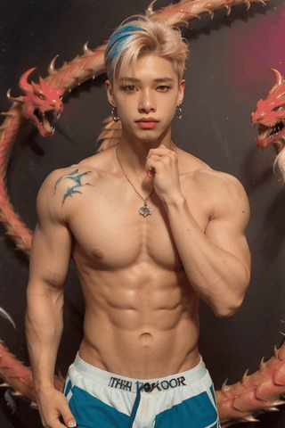 young  handsome male kpop idol with  blond hair, ((large colorful dragon tatoo on his body)), gay, sugar boy, earrings, necklace, cap, fluorescenct neon color boxer shorts written "twinkworld" logo,  makeup like kpop boy idol, putting on red lipstics, shirtles,arm pit pose, dance, dragons background

