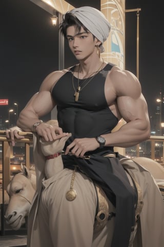 intricate detail, 18 year old, young handsome asian male wearing black tanktop,  kpop,ikemen, blue eyes, handsome, earrings, gold necklace, luxuary golden omega watch,  blond hair, big muscle, physique, fitness model, wealthy, billionair,  shirtless, turban, riding a camel,   dubai night background