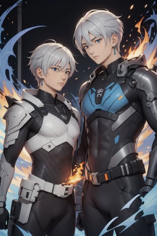 intricate detail, two young Japansehandsome males with combat suits and holding guns, fighting, blue eyes, handsome, earrings, silver hair, earrings, big blue flame, big orange flame,