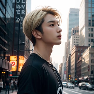 masterpiece, realistic, top quality, super cool young asian super handsome male with short blond hair, from side, kpop idol, music video, Instagram, stylish and fashionable clothes, necklace, black t shirt, nyc background, cool atmosphere, good lighting and reflexion, realistic skin, 