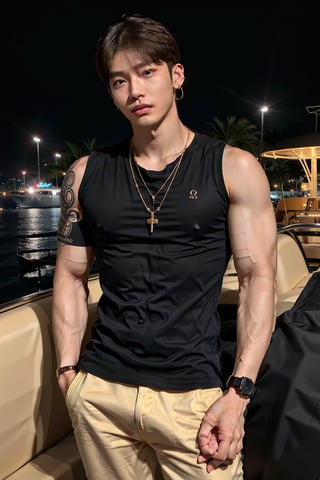 intricate detail, 18 year old, young handsome asian male wearing black tanktop,  kpop,ikemen, blue eyes, handsome, earrings, gold necklace, luxuary golden omega watch,  blond hair, big muscle, physique, fitness model, wealthy, billionair,  standing,  luxuary yacht,  dubai night background