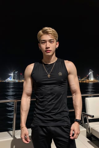 intricate detail, 18 year old, young handsome asian male wearing black tanktop,  kpop,ikemen, blue eyes, handsome, earrings, gold necklace, luxuary golden omega watch,  blond hair, big muscle, physique, fitness model, wealthy, billionair,  standing,  luxuary yacht,  dubai night background