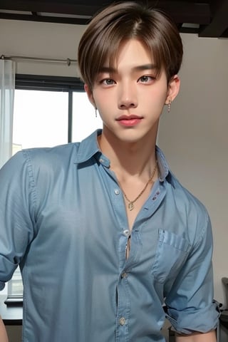  handsome asian boy, 18 year old, kpop,ikemen, dancing, school uniform,  blue eyes, handsome, earrings, gold necklace,  blond hair, slim muscle, physique, fitness model,  close up,ikemen, handsome asian male, kpop,young ikemen, sharp dancing, 
