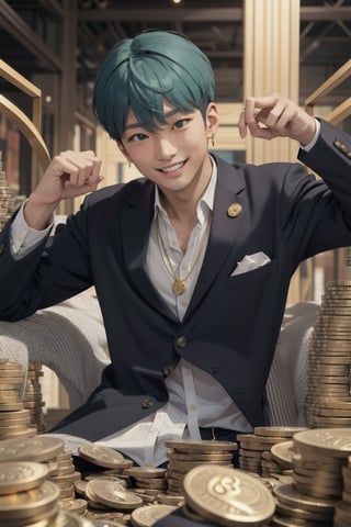 young handsome asian male surrounded by gold bit coins and with a big smile on face, suit, necklace, earrings, glittering rainbow color hair, green eyes, in the style of dreamlike imagery, playful spontaneity, joyful and optimistic, photorealistic scenes, joycore, clear and crisp