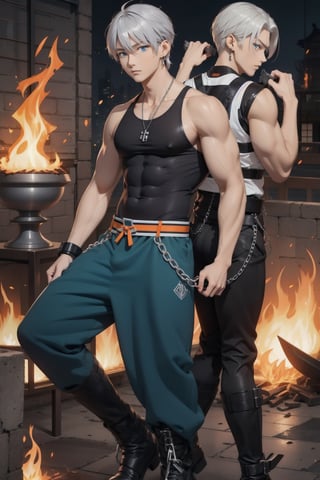 intricate detail, two young Japansehandsome males with black lether tanktop and underwares, abs, boot, chains,  holding guns, fighting, blue eyes, handsome, earrings, silver hair, earrings, big blue flame, big orange flame, 