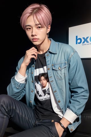 young  handsome male kpop idol with pink and blond hair, wears a black t-shirt cap, written "Hiro", denim jacket, black jeans, as if he wants to get out of the broken iPhone 13 screen, with a cold face, one leg is out, both hands are holding on the side of the screen, various icons of Facebook, WhatsApp, Instagram, etc. , and colorful water splashes spreading in the background create realistic 3D and high resolution HD work. Black background