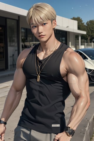 intricate detail, 18 year old, young handsome asian male wearing black tanktop, kpop,ikemen, blue eyes, handsome, earrings, gold necklace, luxuary golden omega watch,  blond hair, muscle, physique, fitness model, wealthy, in front of glittering blue color supercar