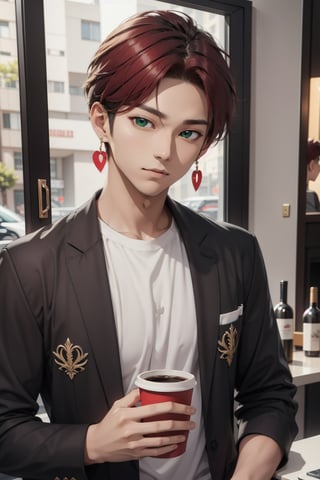 intricate detail, male face,ikemen, kpop, holding a paper coffee cup with heart logos, green eyes, handsome, earrings, glittering wine red color hair with stylish hair style, selfie, stylish, black jacket and white T-shirt with vivid color design art, earrings, young handsome asian male, vivid color, infront of mirror, realistic skin color, realistic right reflection