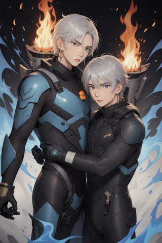 intricate detail, two young Japansehandsome males with combat suits and holding guns, fighting, blue eyes, handsome, earrings, silver hair, earrings, big blue flame, big orange flame,